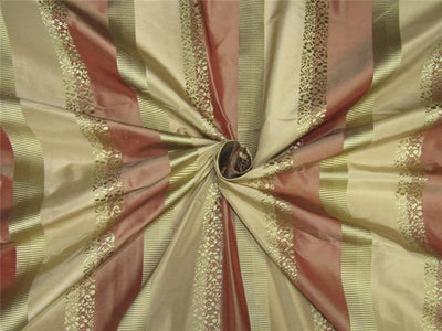 100% Silk Taffeta Jacquard Fabric Floral & Stripes 54"~wide available in four colors salmon and gold ,light olive and gold , pastel dusty salmon and gold ,pastel green and nude pink .