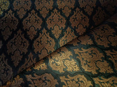 SILK BROCADE FABRIC Deep Green, Black & Metallic Gold colour 44" wide BRO231[4]