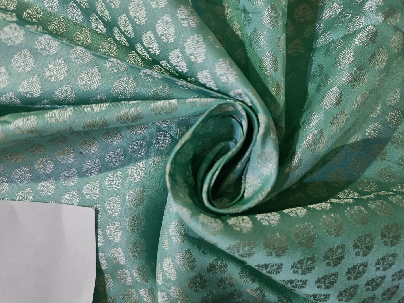 SILK BROCADE FABRIC Sea Green & Ivory color 44" wide BRO211[2]