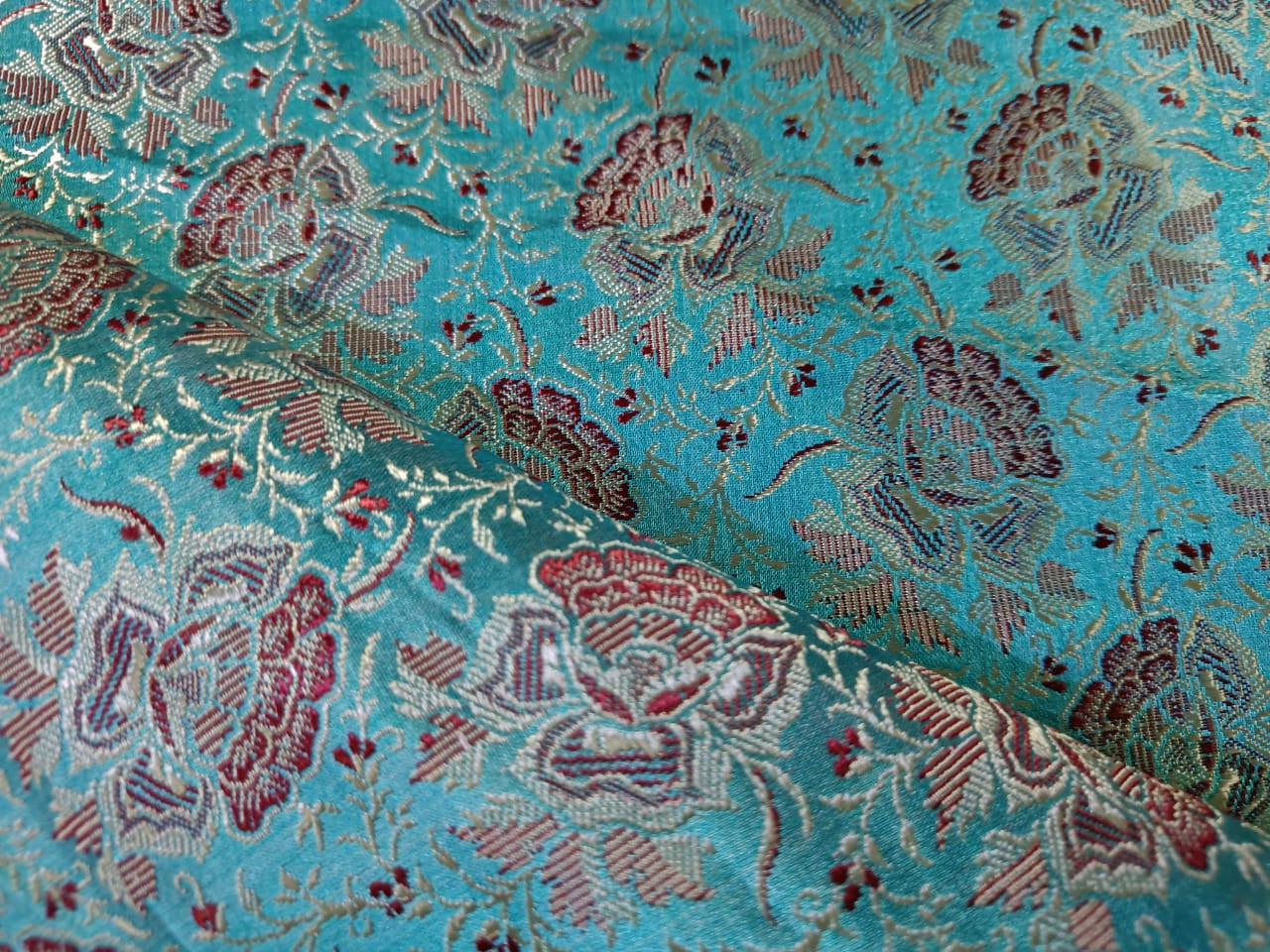 Silk Brocade fabric Light Gold,Red & Ocean Blue/Green color 44" wide BRO202[3]