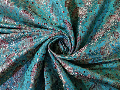 Silk Brocade fabric Light Gold,Red & Ocean Blue/Green color 44" wide BRO202[3]