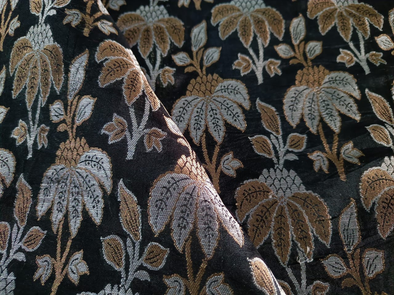 Pure Heavy Silk Brocade Fabric Black,Metallic Silver & Gold color 44 – The  Fabric Factory
