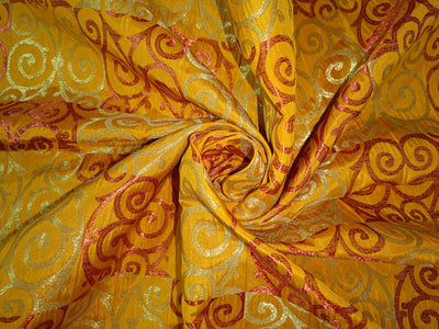Pure SILK BROCADE FABRIC Red,Yellow &amp; Metallic Gold Color 44" wide BRO314[3]