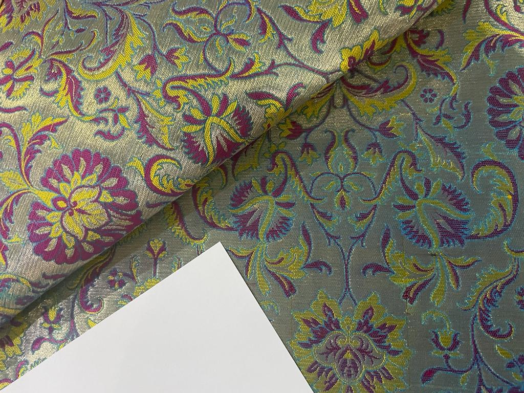 BROCADE FABRIC Yellow,Pink,BLUE & METALLIC Gold color 44" wide BRO303[1]