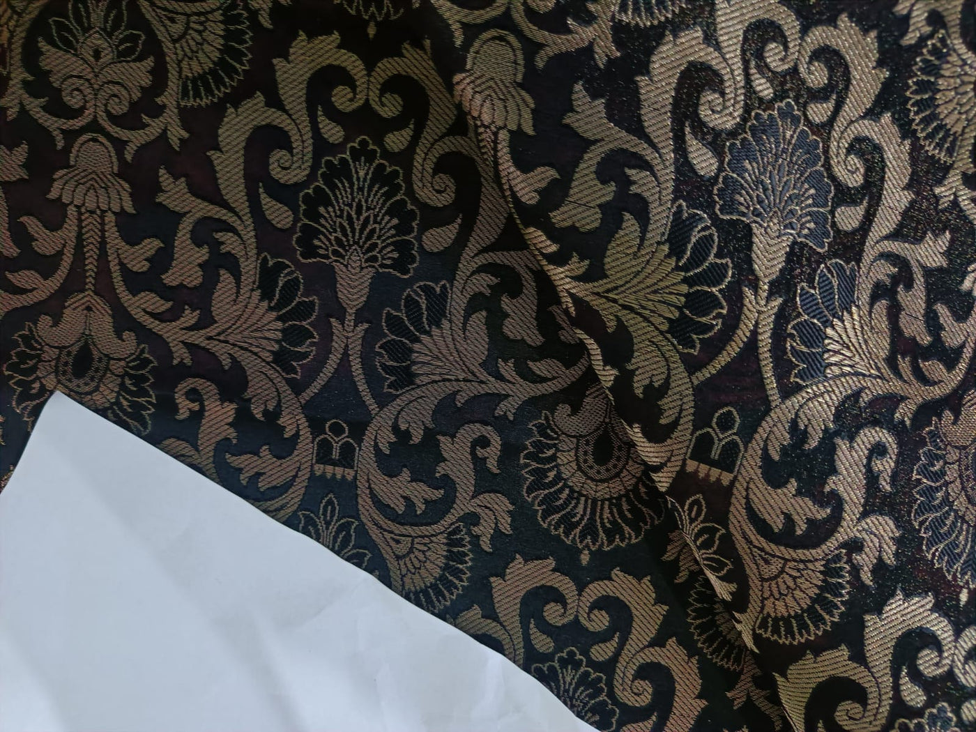 SILK BROCADE FABRIC Black & Metallic Gold color 44" wide BRO264[1]