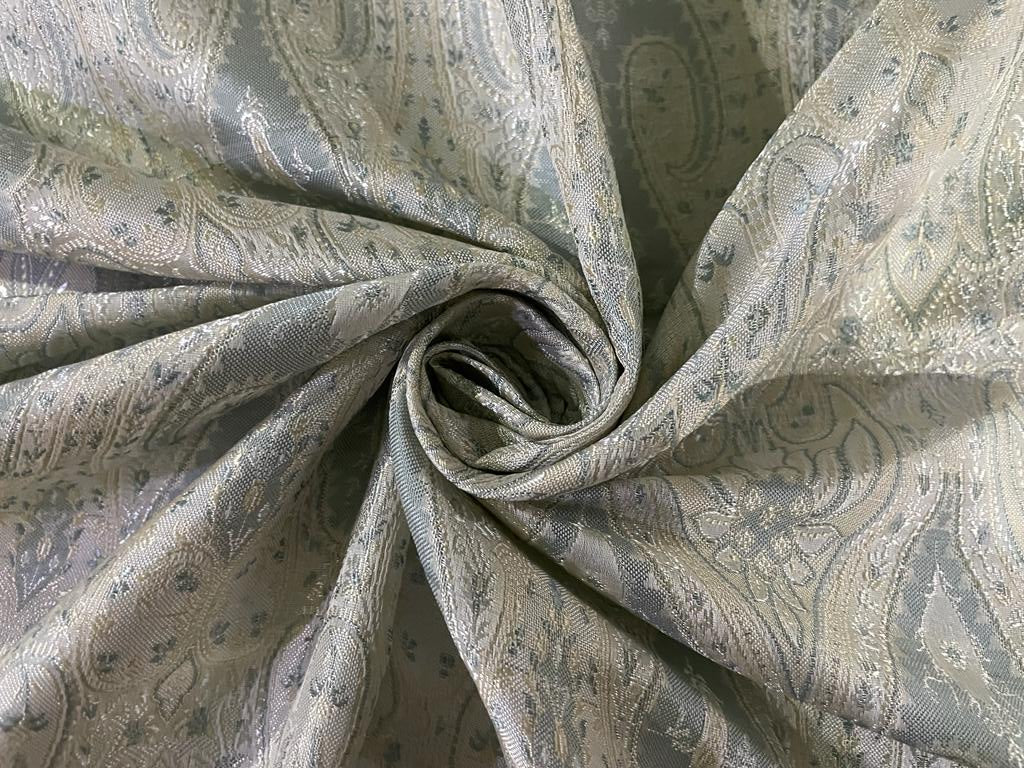 SILK BROCADE FABRIC Light Golden Cream & Mint 44" wide BRO266[5]