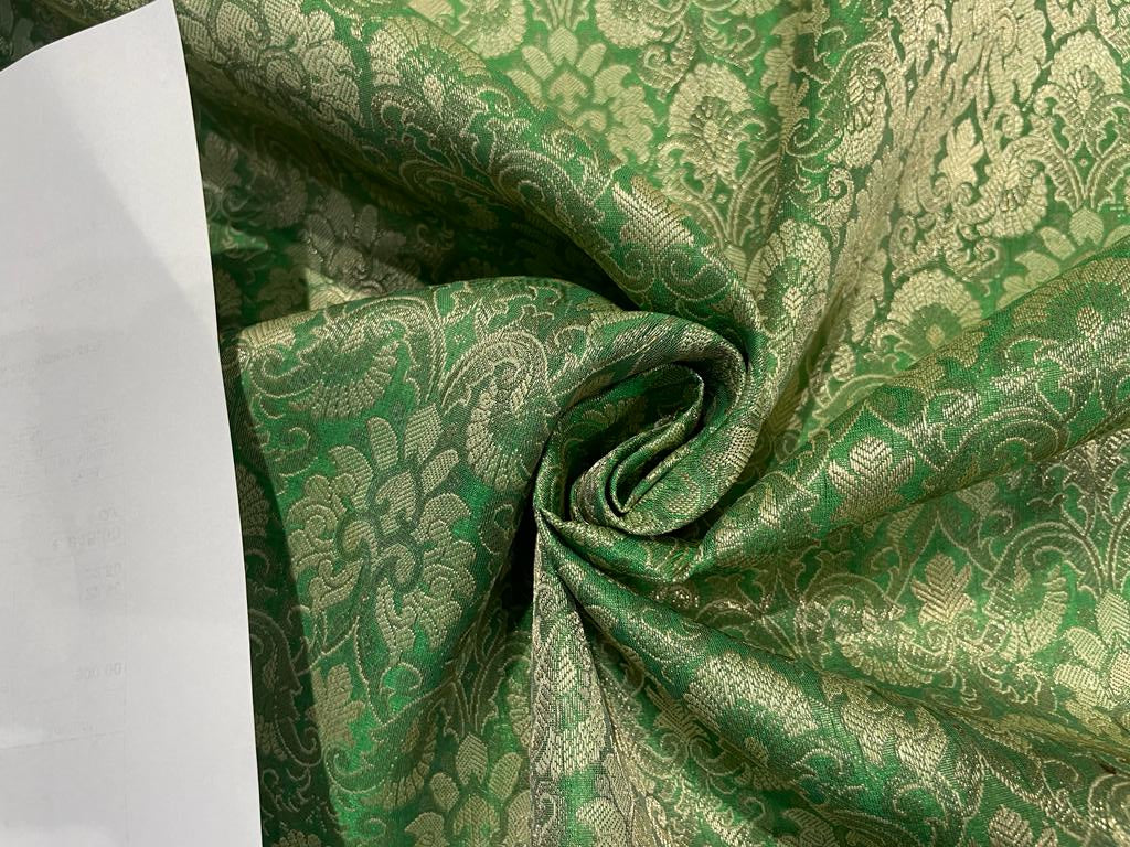 SILK BROCADE FABRIC Green, Golden Cream & Metallic GOLD color 44" wide BRO279[4]