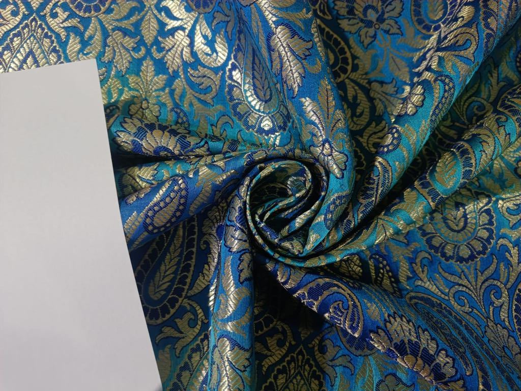 100% PURE SILK BROCADE FLORAL BLUE & multi gold COLOR 44" WIDE BRO400[3]