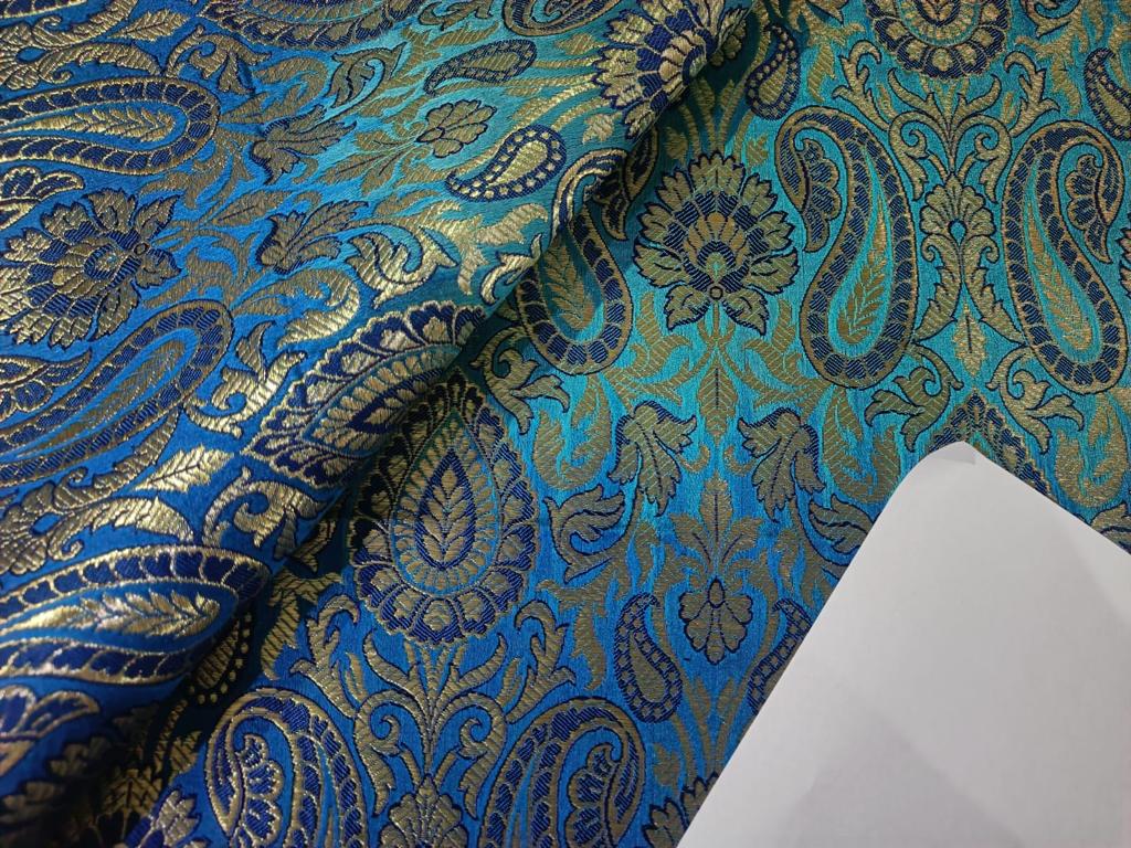 100% PURE SILK BROCADE FLORAL BLUE & multi gold COLOR 44" WIDE BRO400[3]