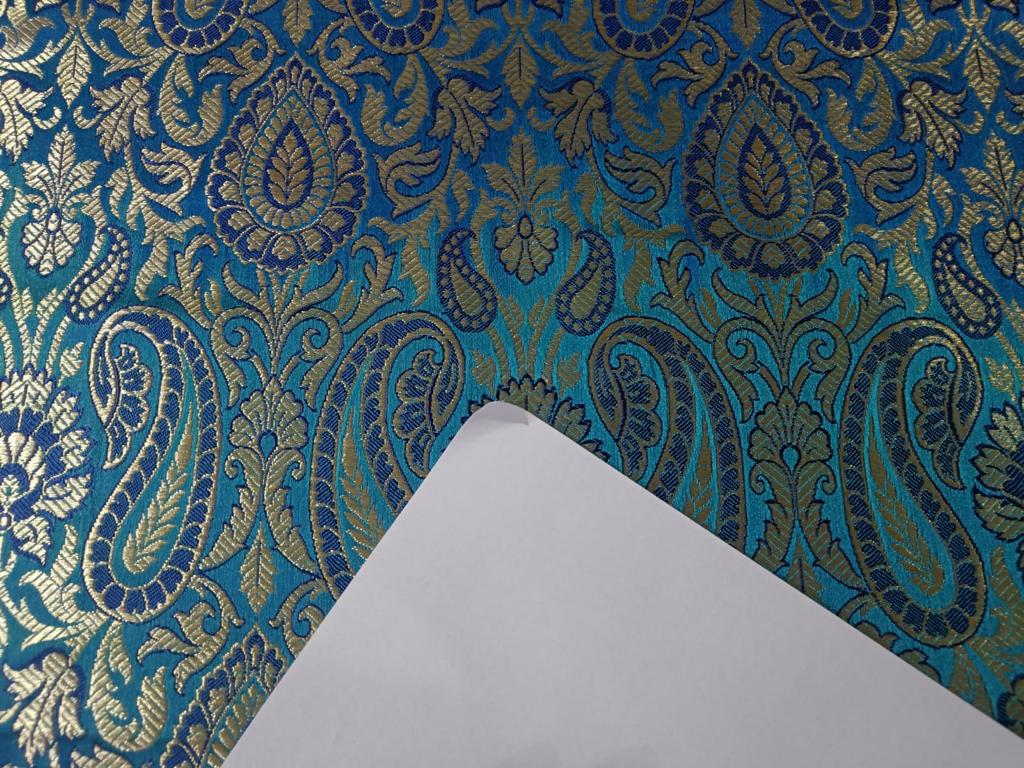 100% PURE SILK BROCADE FLORAL BLUE & multi gold COLOR 44" WIDE BRO400[3]