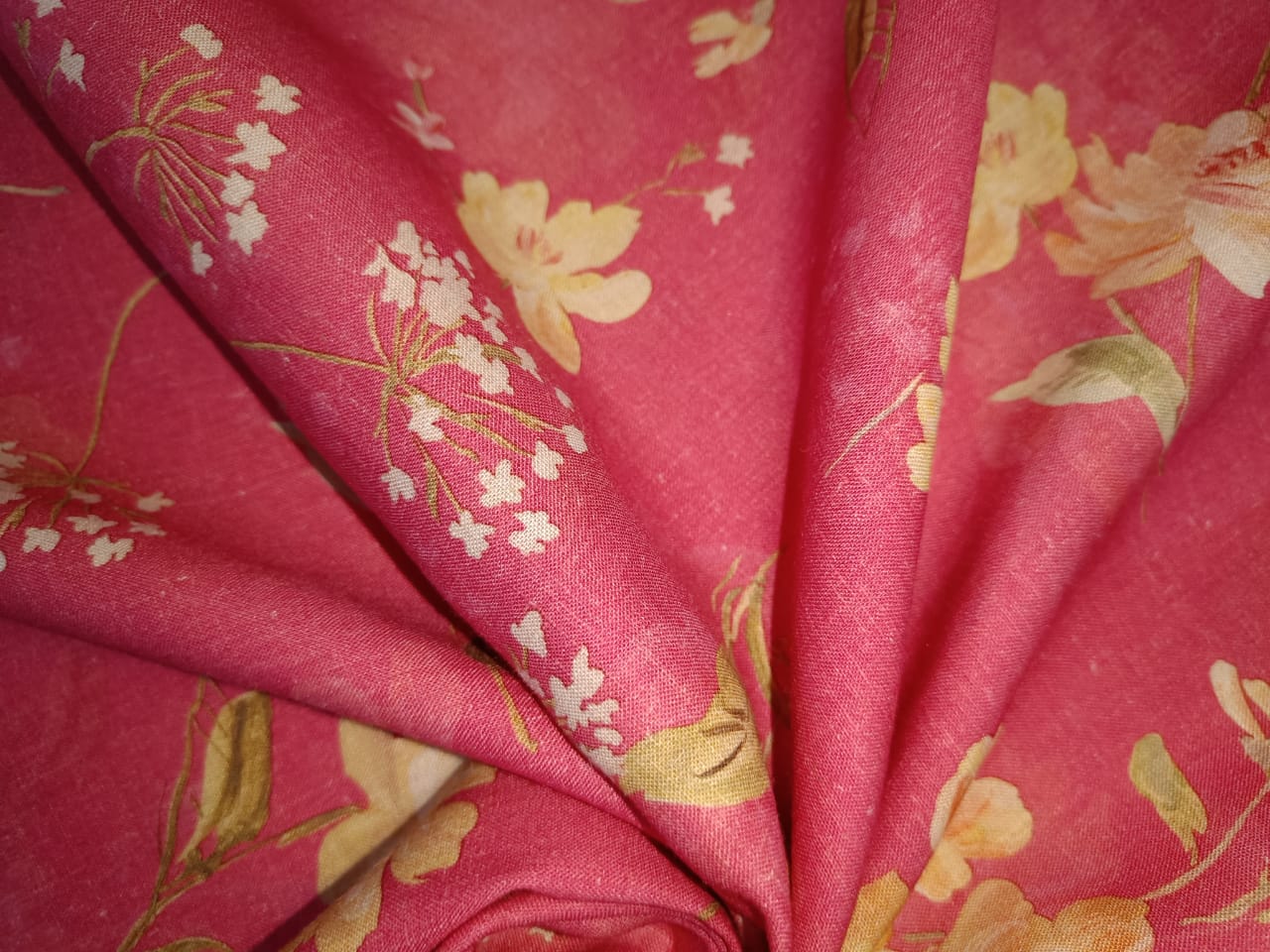 100% linen Floral  print 44" wide available in Beige brown, Watermelon pink, Yellow, Green [15410-15412]