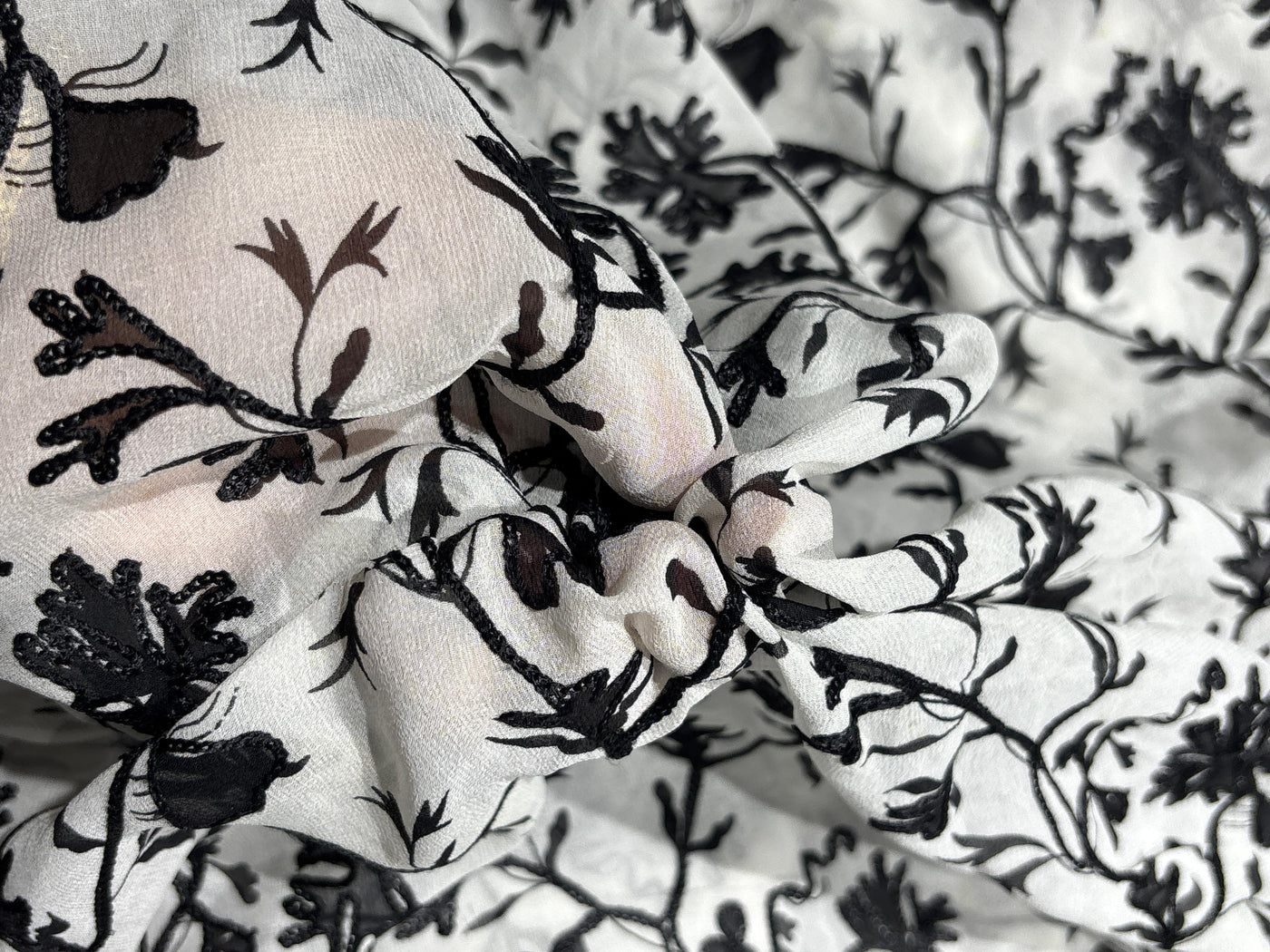 Silk Chiffon fabric 44" wide white with black embroidery [18283]
