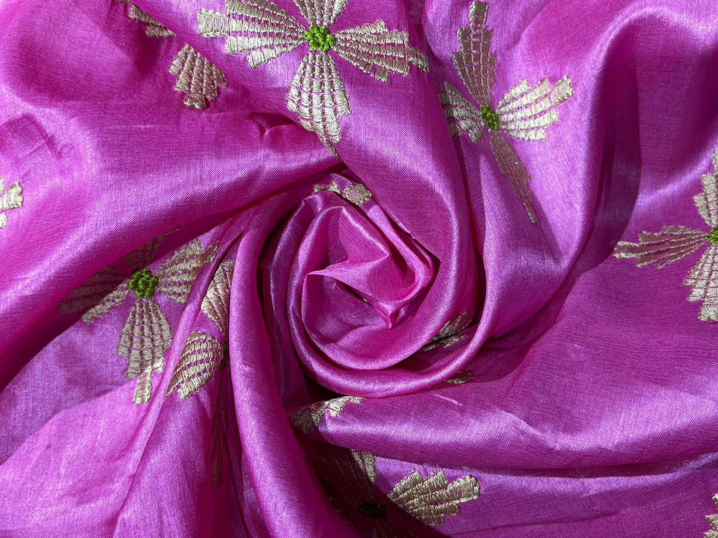 Tussar Silk 70 gms per meter Fabric pink with embroidered floral motif 42" Wide [18281]