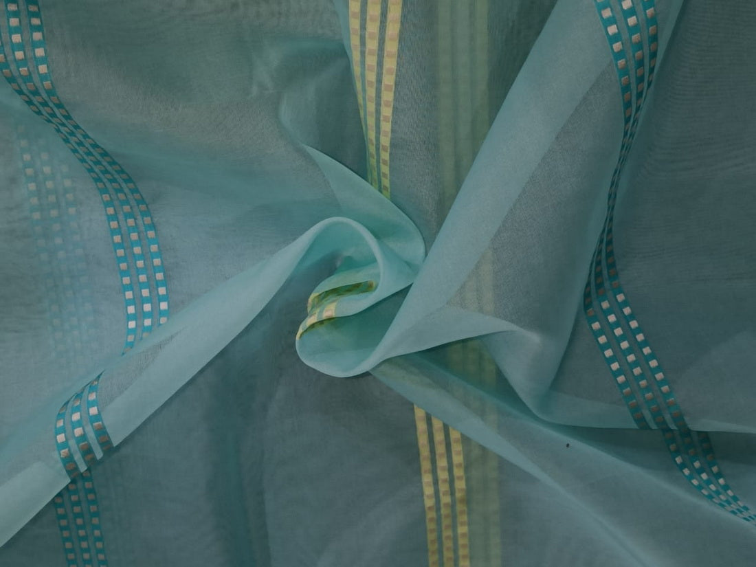 100% silk organza jacquard stripes blue fabric 54" wide [12129]