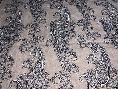 100% Linen  Kashmiri Embroidery available in 3 colors ivory with pink paisleys ,camel with navy paisley and ivory with beige paisley