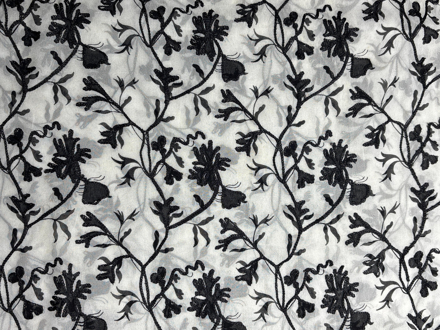 Silk Chiffon fabric 44" wide white with black embroidery [18283]