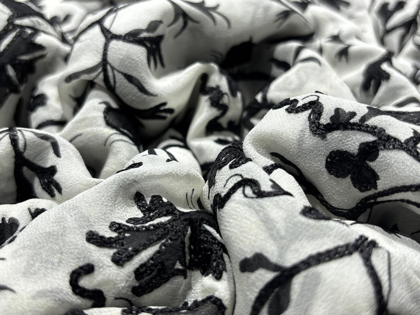 Silk Chiffon fabric 44" wide white with black embroidery [18283]
