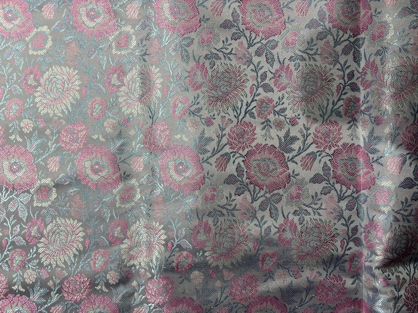 Silk Brocade fabric 44"silver grey with pink and blue floral  jacquard  BRO1064[1]