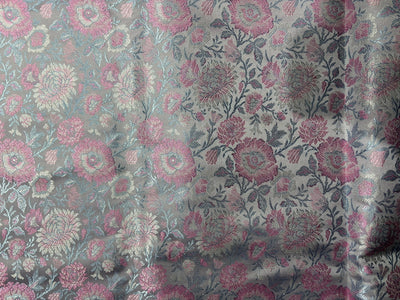 Silk Brocade fabric 44"silver grey with pink and blue floral  jacquard  BRO1064[1]