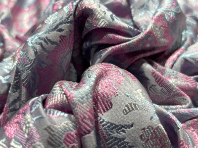 Silk Brocade fabric 44"silver grey with pink and blue floral  jacquard  BRO1064[1]