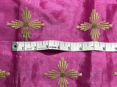 Tussar Silk 70 gms per meter Fabric pink with embroidered floral motif 42" Wide [18281]
