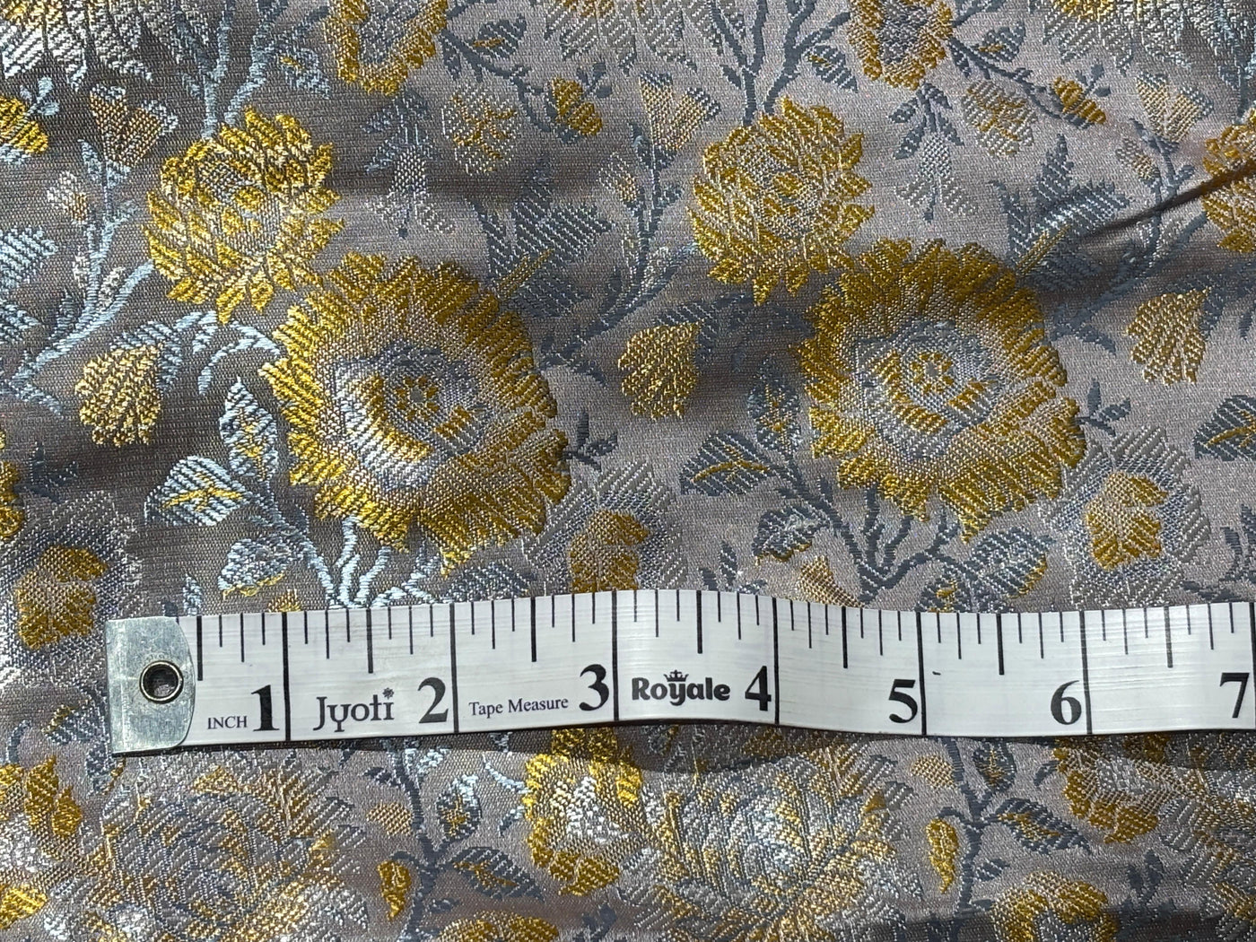 Silk Brocade fabric 44"silver grey with golden yellow  and blue floral  jacquard  BRO1064[2]