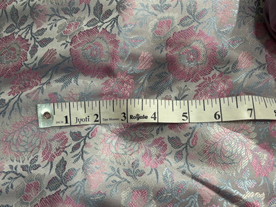 Silk Brocade fabric 44"silver grey with pink and blue floral  jacquard  BRO1064[1]