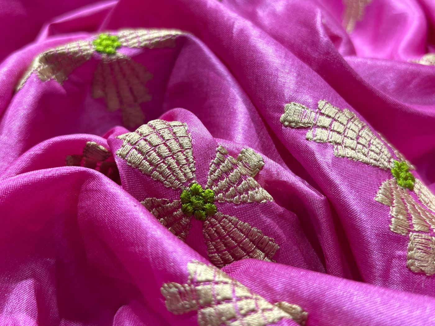 Tussar Silk 70 gms per meter Fabric pink with embroidered floral motif 42" Wide [18281]