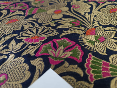 Silk Brocade fabric navy, pink, orange, green x metallic gold jacquard 44" WIDE BRO902[4]