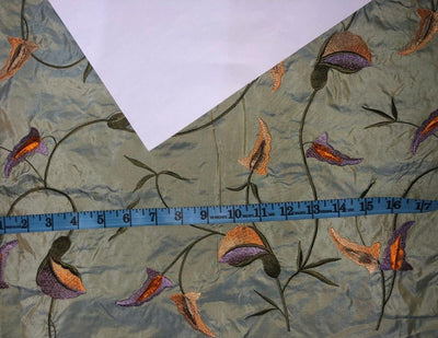 100% SilkTAFETTA EMBROIDERY 44" WIDE irridescent blue green with  purple and orange  flowers TAFE22[2]