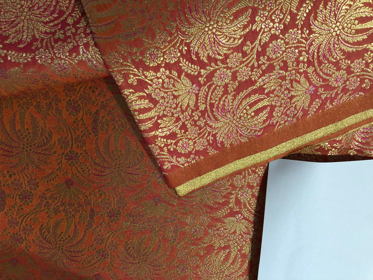 Silk Brocade fabric pink x orange with gold  jacquard coconut trees  BRO1017[3]