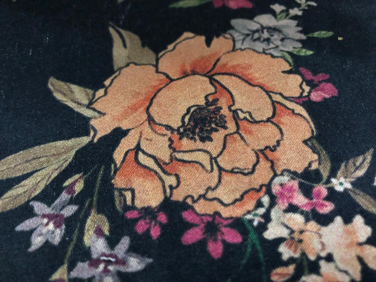 Viscose  Modal Satin fabric Digital pink,cream,orange,peach,green Floral Print 44" wide available in 3 colors black, dark teal and mustard gold