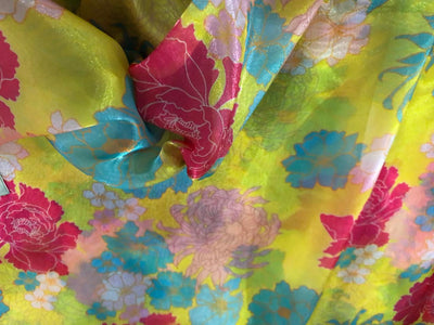 Shimmer Organza  fabric, Gleam sheer fabric Digital Print 54" wide available in 3 prints ivory with a spray of pink roses/cream with blue ,pink orange flowers and bright yellow with pink and blue flowers