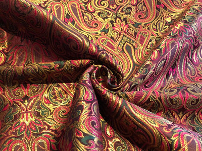 Silk Brocade fabric gold jacquard paisleys available in 3 colors magenta/teal ,deep purple/teal and peach/green/red BRO1102