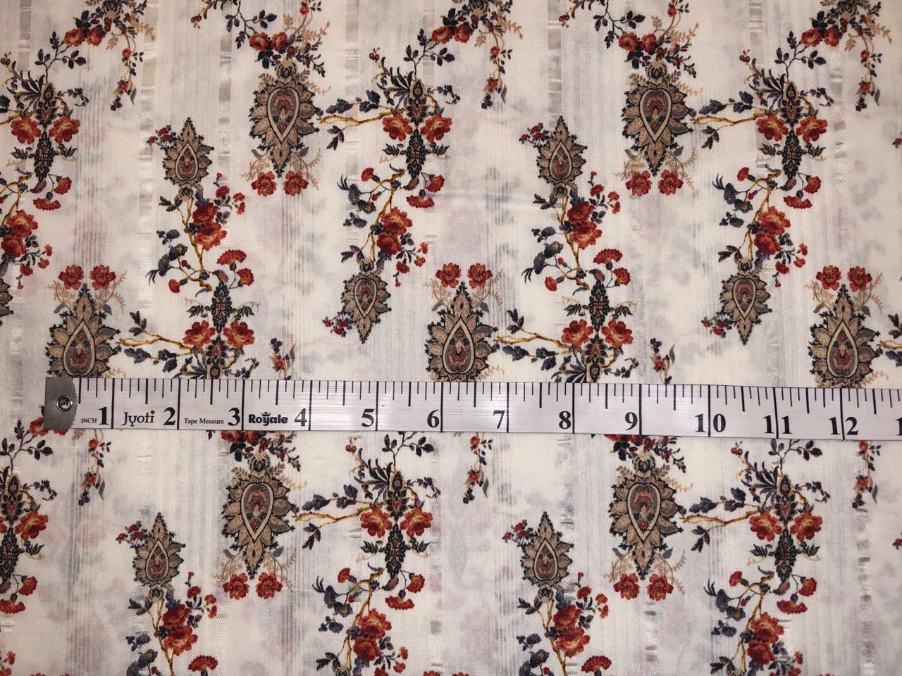100% Viscose sateen stripe dobby print white ivory with red and gold flowers  - 58" Wide [18361]