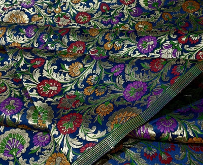 Brocade Heavy KING KHAB  Fabric DARK NAVY WITH   mustard and purple floral jacquard  with metallic white gold BRO990[4]