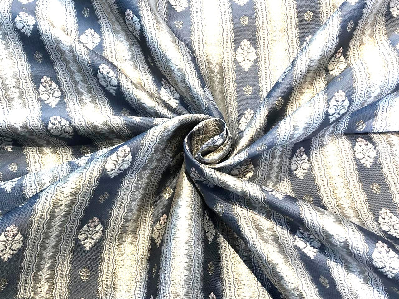 Silk Brocade fabric slate blue ,silver and white horizontal stripes with flower  motifs BRO1090[1]