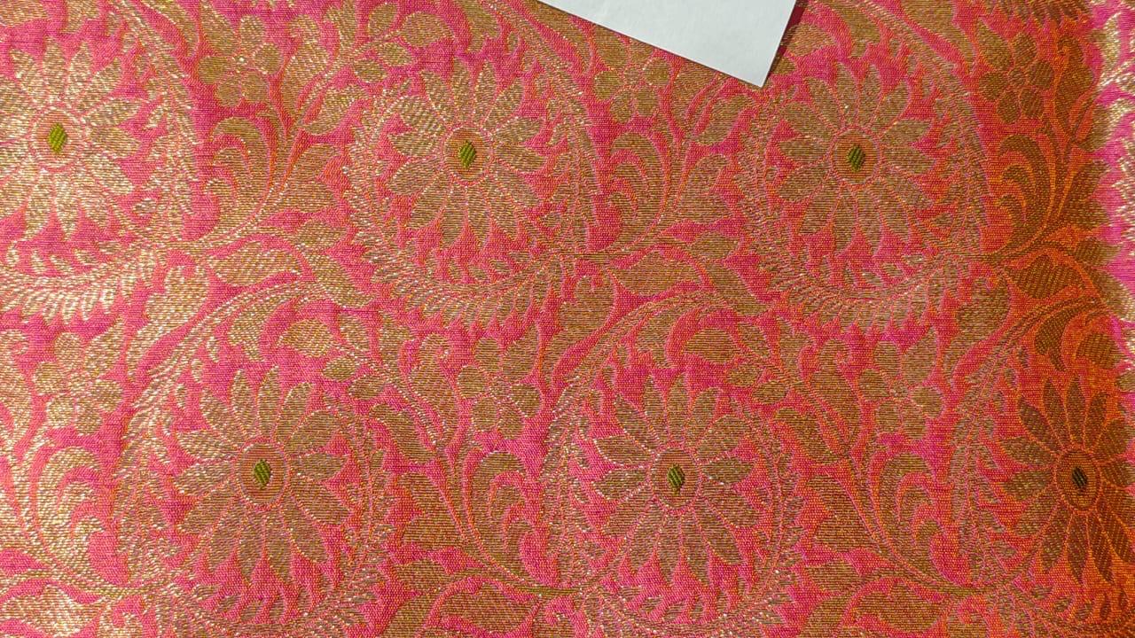 Silk Brocade Fabric  jacquard 44" wide  BRO974A available in 3 colors peacock green/deep olive and pink x orange