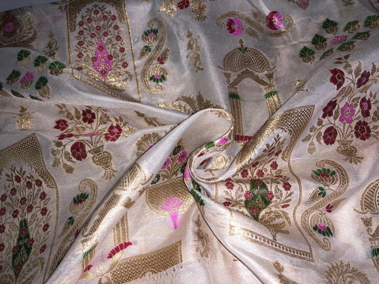 Silk Brocade fabric 44" available in 4 colors  peach, white ivory, mint and grey  [BRO1042]