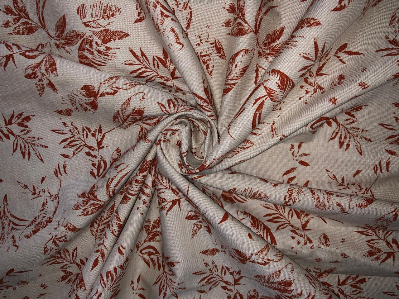 100% Cotton Linen  print 58" wide LEAVES motif's cream and brown [17219]