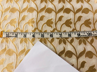 Silk Brocade fabric IVORY AND METTALIC GOLD JACQUARD DYEABLE FLORAL BRO932[5]