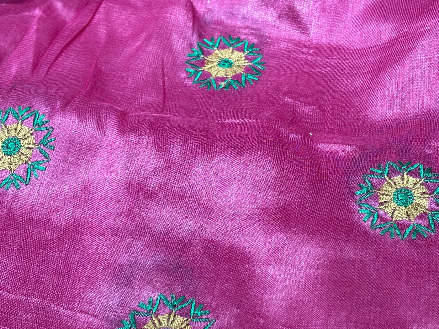 Tussar Silk 70 gms per meter Fabric pink with embroidered floral motif 42" Wide [17769]