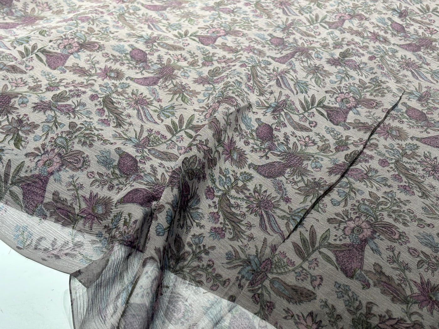 Silk chiffon  fabric iridescent  pink green and grey floral with bird  print  44" wide [17794]