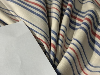 100% COTTON FABRIC with  slubs ivory with red blue stripes [16764]