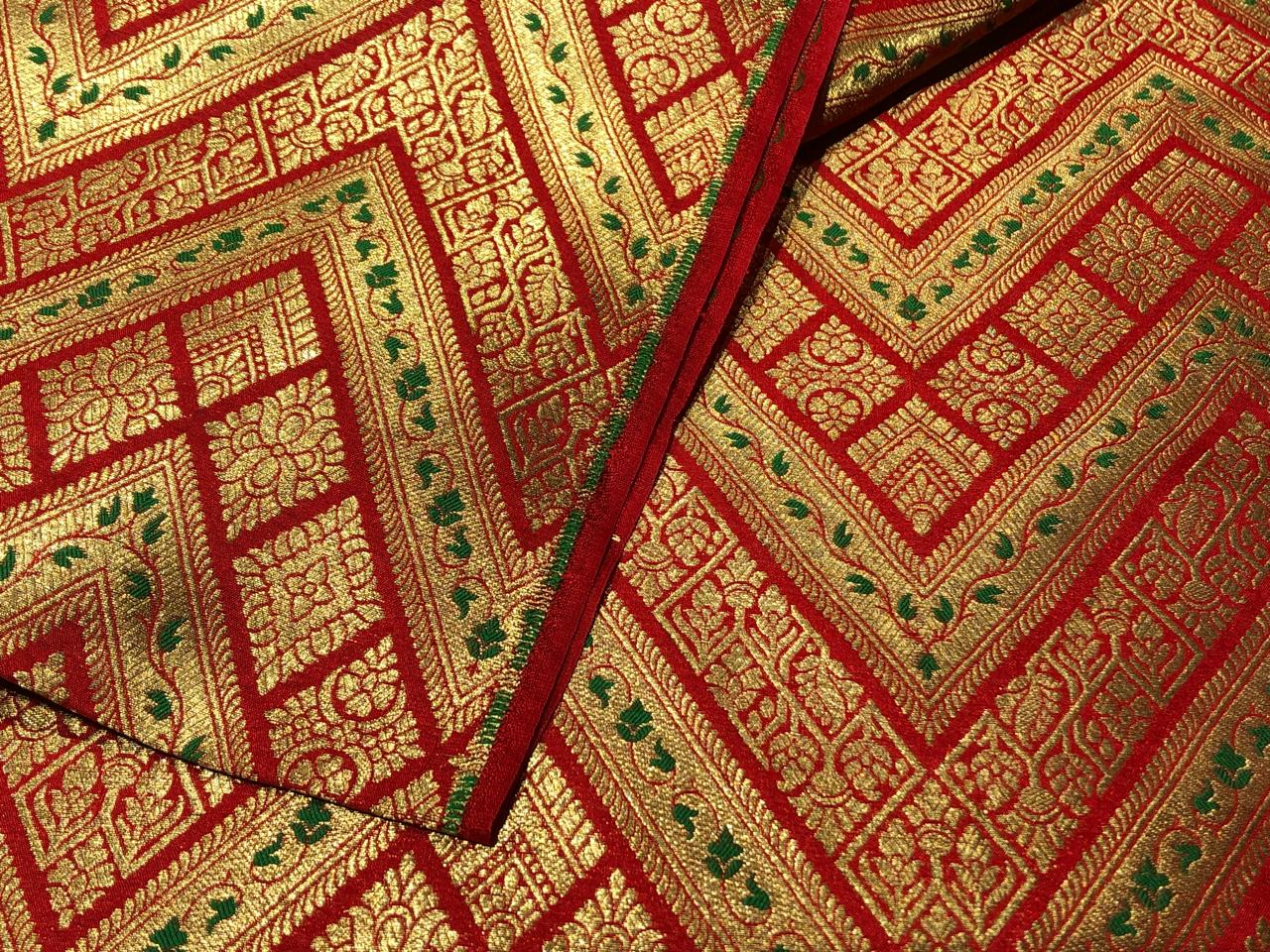 Silk Brocade fabric 44"red color geometric triangles x metallic gold jacquard and a hint of green leaves  BRO1044[2]