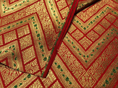 Silk Brocade fabric 44"red color geometric triangles x metallic gold jacquard and a hint of green leaves  BRO1044[2]