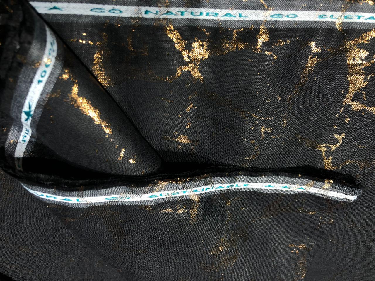 100% HEMP BLACK  color fabric with gold foil print 58" wide [16105]