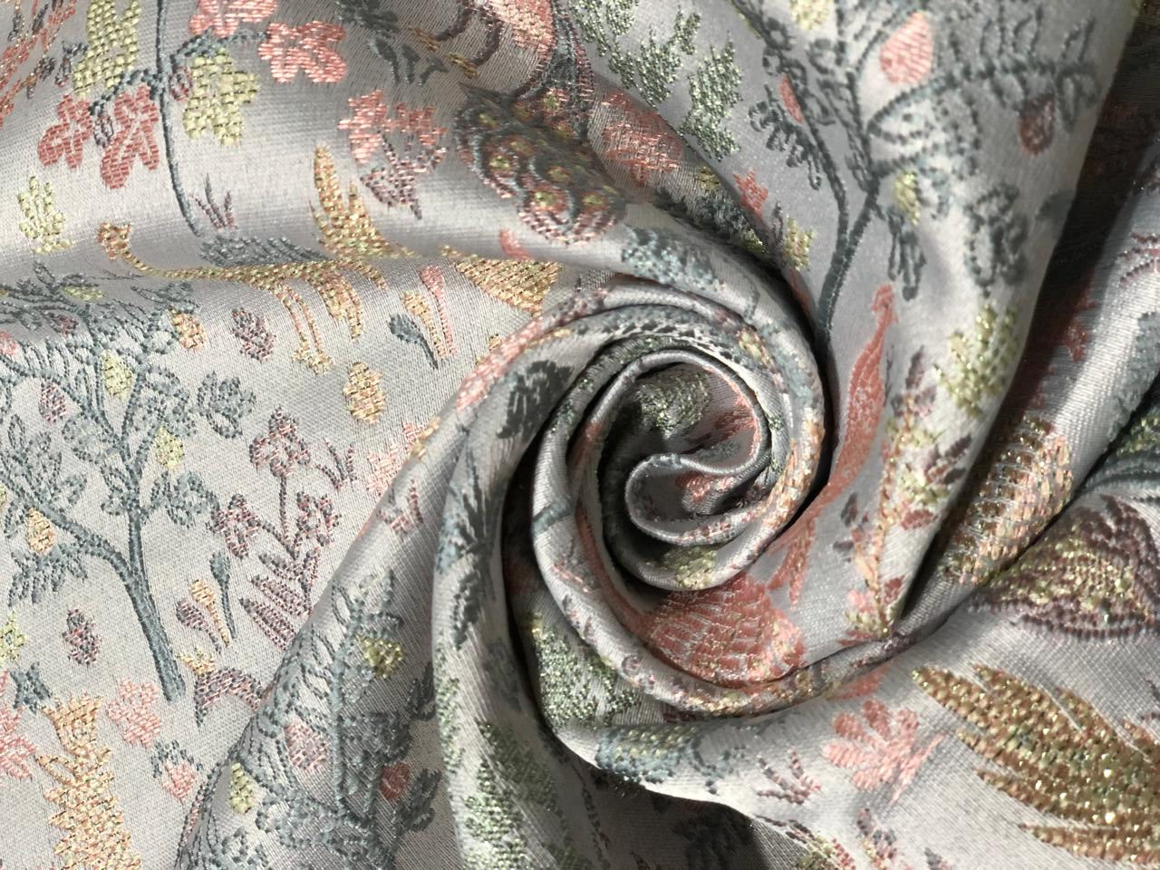 Silk Brocade fabric  jacquard with with subtle embroidery with subtle shimmer 54"silver grey, pink, and green peacocks BRO1034[3]
