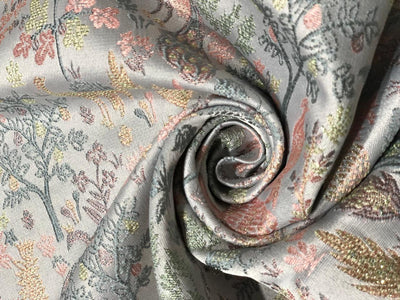 Silk Brocade fabric  jacquard with with subtle embroidery with subtle shimmer 54"silver grey, pink, and green peacocks BRO1034[3]