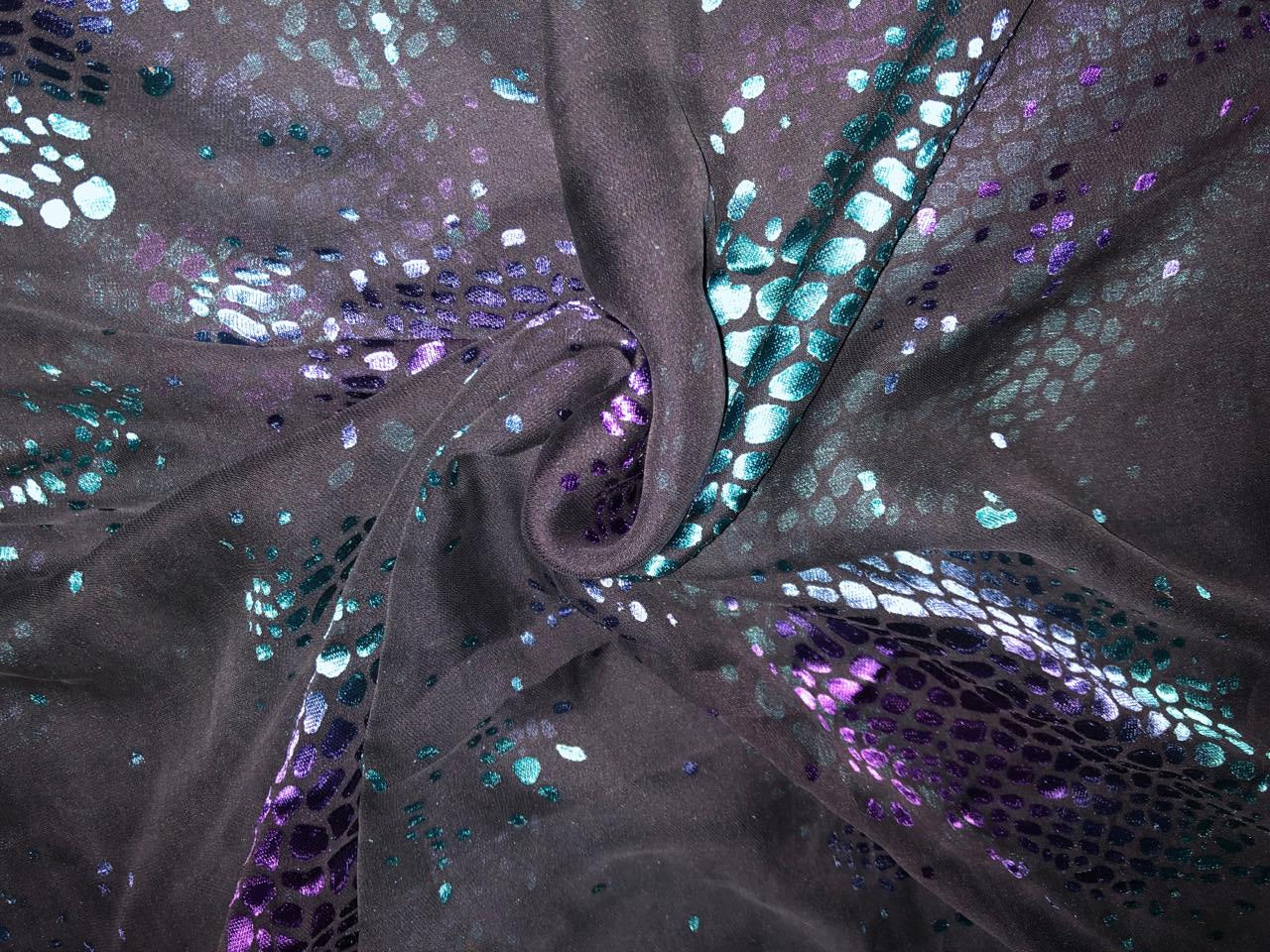 Silk georgette  fabric black with blue ,teal and purple abstract  Brasso  44&quot;[18817]